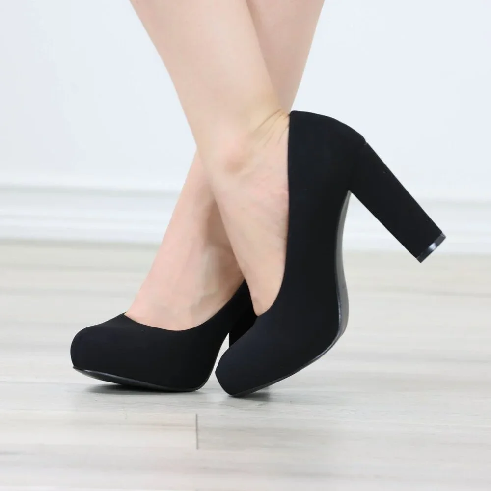 Black Block Heel Pumps Closed Toe Slip On High Heel Classic Style - Picture 5 of 12